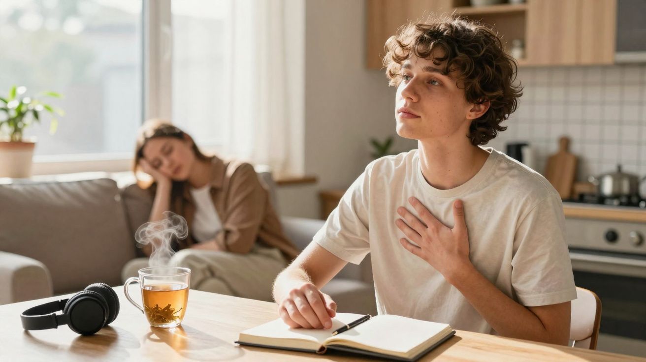 Jovem pensativo sentado à mesa com chá, livro aberto e ausente enquanto mulher descansa no sofá ao fundo.