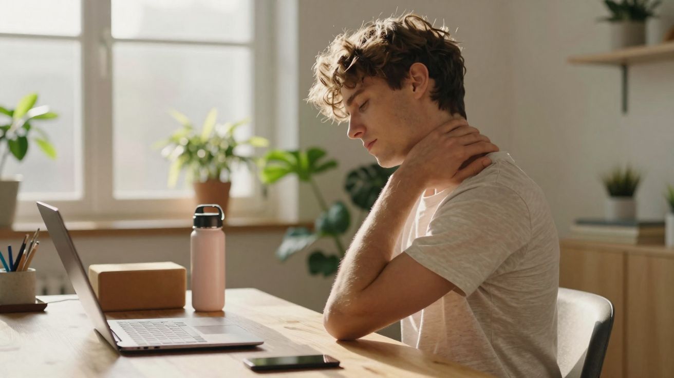 Jovem sentado numa mesa com um portátil, a massagear o pescoço com expressão de desconforto.