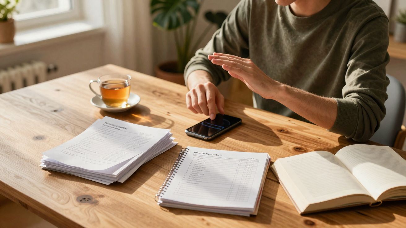 Pessoa a usar telemóvel numa mesa com documentos, caderno aberto e chá, ambiente luminoso e relaxado.