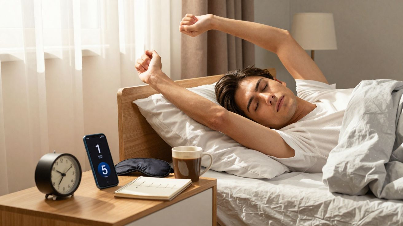 Homem a espreguiçar-se na cama ao acordar, ao lado de mesa com despertador, caderno, telemóvel e chá.