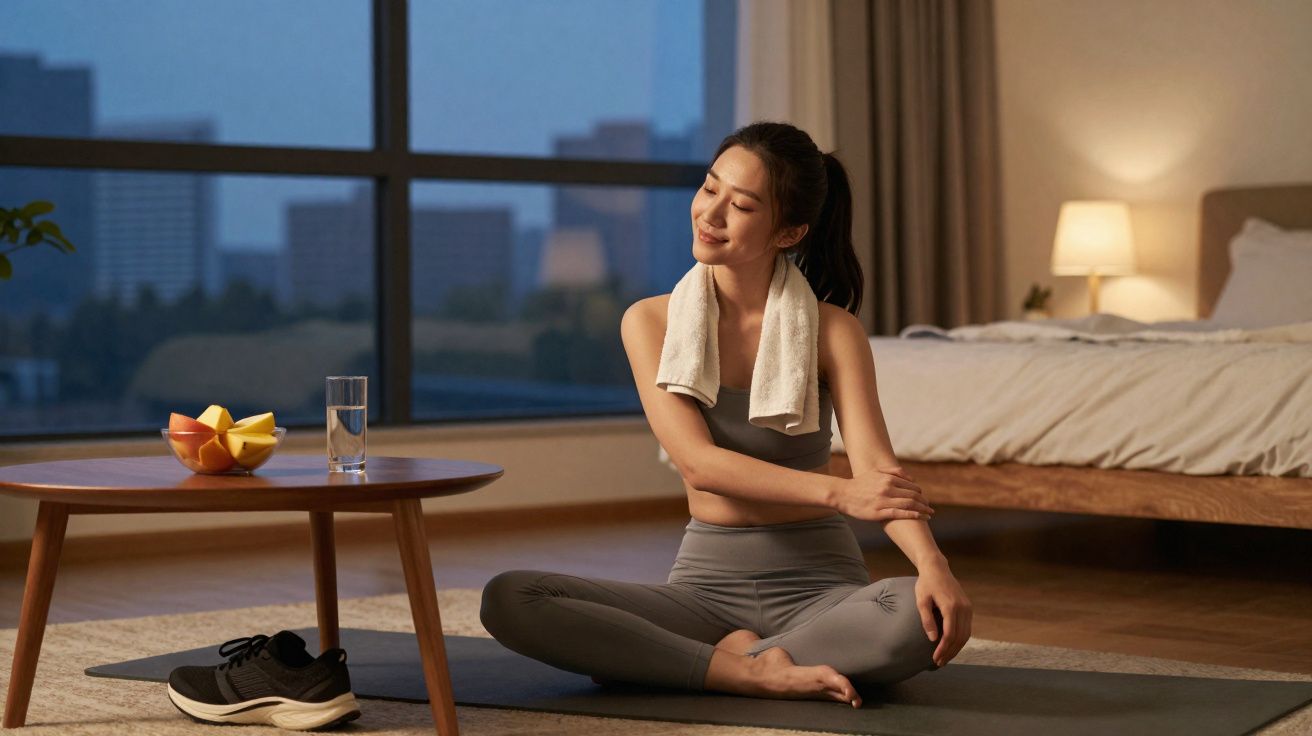 Mulher sentada a alongar-se num tapete de yoga em quarto, com toalha ao pescoço e mesa com frutas e água.