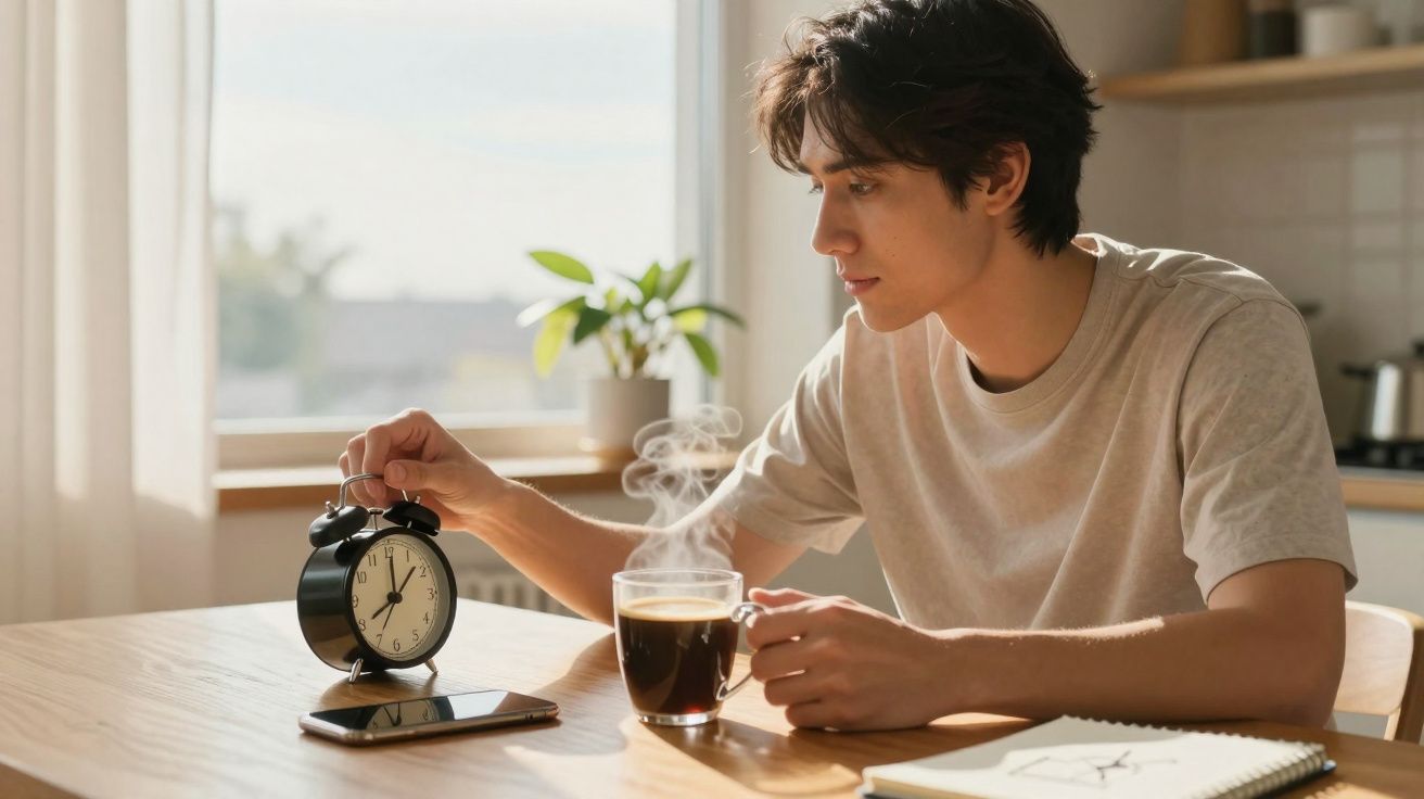 Jovem sentado à mesa com chávena de café, relógio despertador e telemóvel numa manhã luminosa.