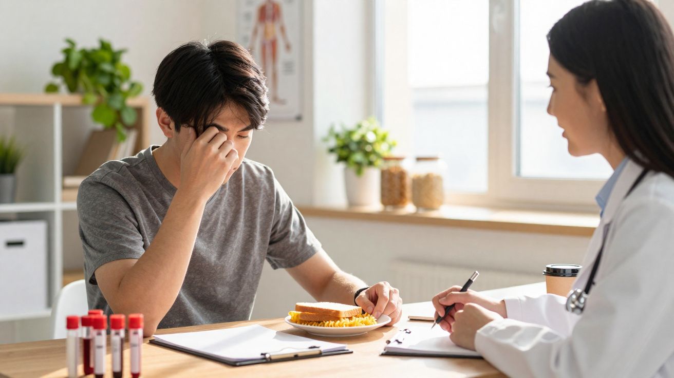 Homem sentado à mesa com comida à frente consulta médica com profissional de saúde a escrever notas.