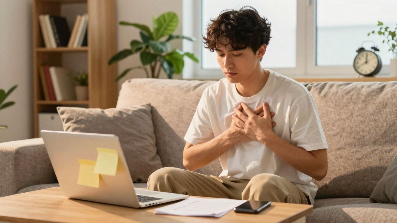 Jovem sentado no sofá, com expressão de dor no peito, junto a um portátil e documentos numa mesa.