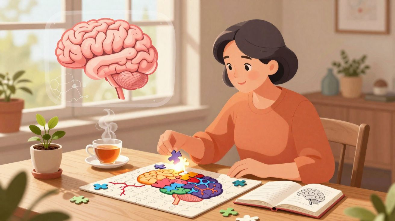 Pessoa a montar puzzle colorido de cérebro numa mesa com chá e livro, simbolizando aprendizagem e cognição.