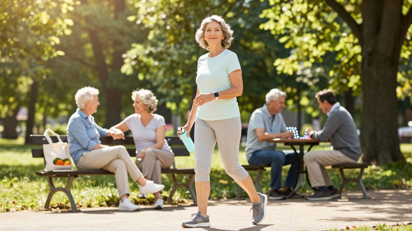 Mulher sénior a caminhar num parque com outras pessoas sentadas e a conversar em bancos ao fundo.