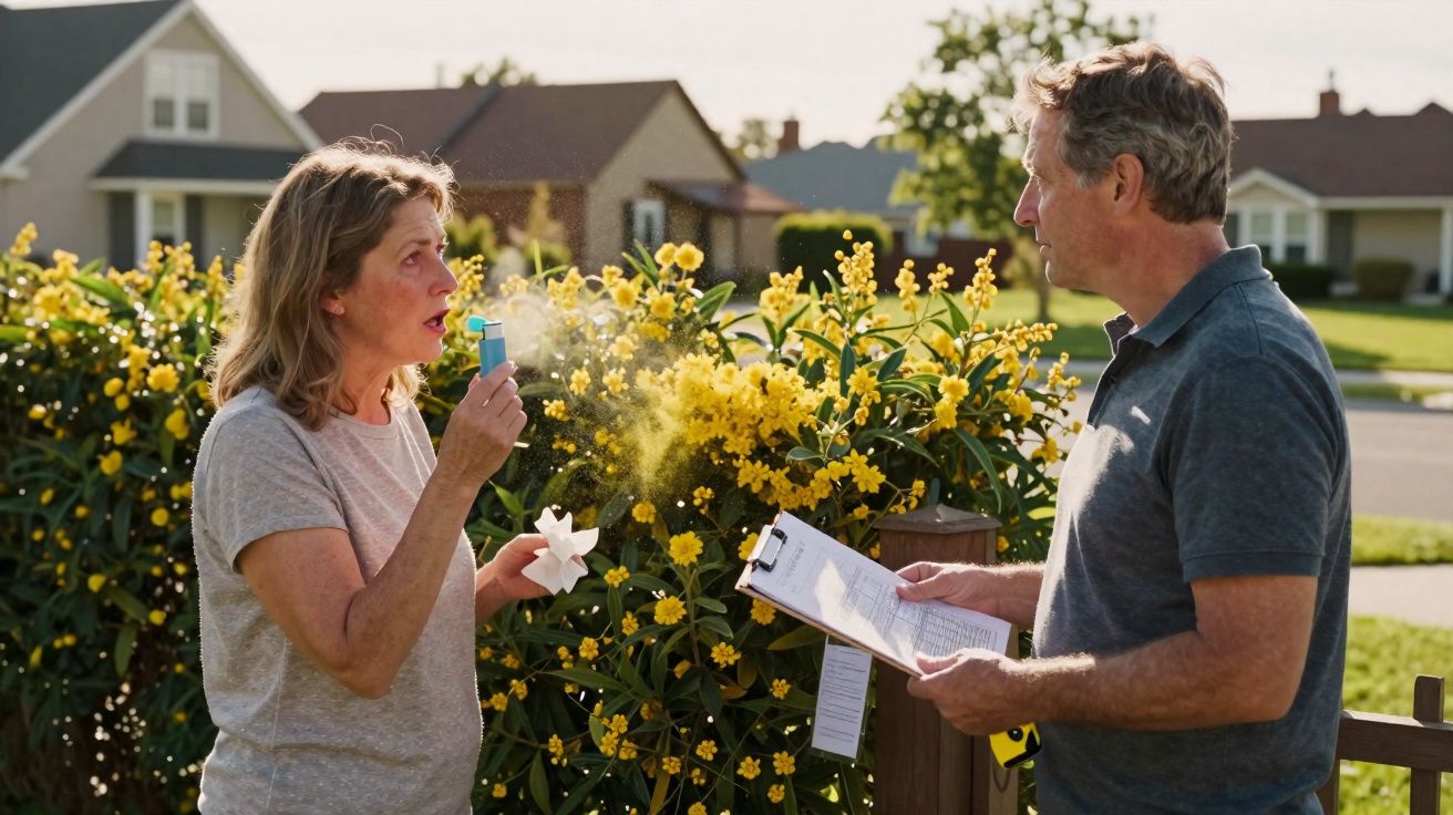 Mulher usa inalador ao ar livre enquanto homem com prancheta conversa com ela junto a flores amarelas.