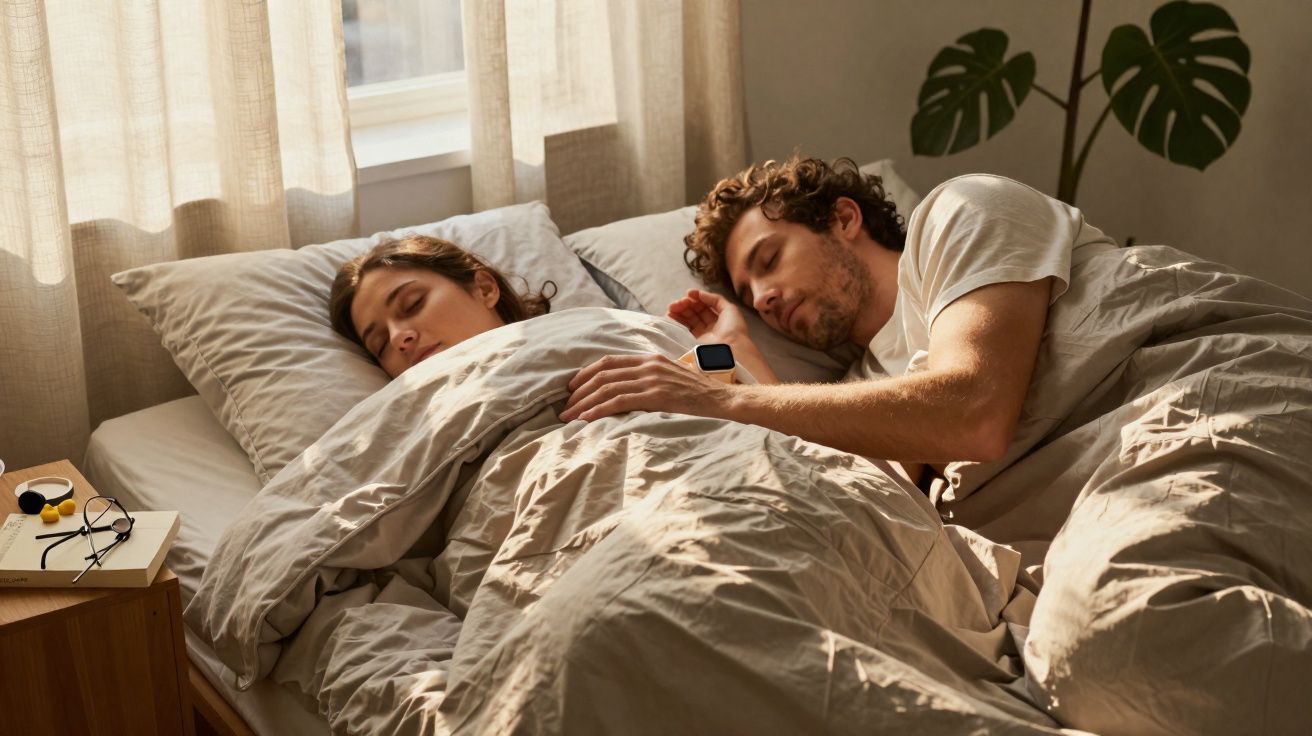 Casal a dormir na cama, cobertos com edredão beje, luz natural entra pela janela com cortinas transparentes.