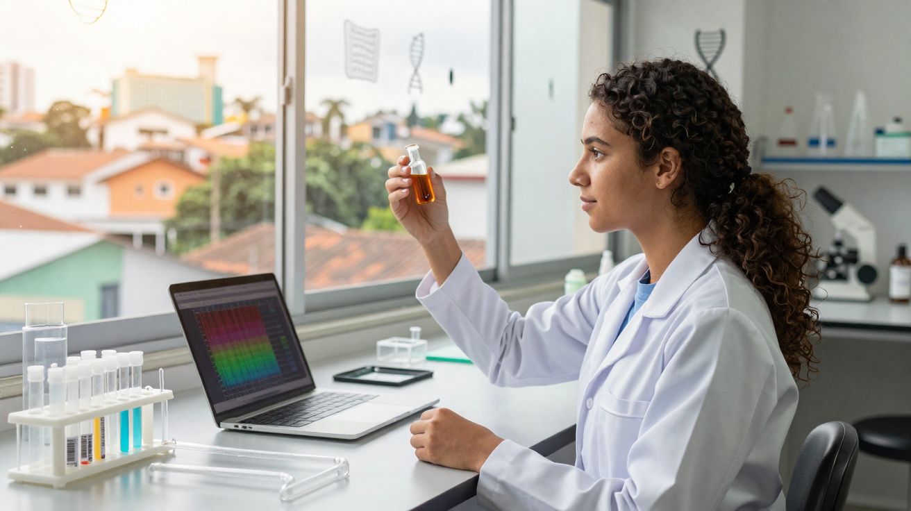 Cientista a analisar amostra líquida em frasco, sentada junto a computador e tubos de ensaio numa bancada de laboratório.