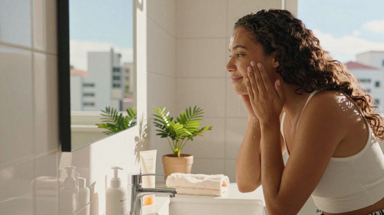 Mulher a lavar o rosto numa casa de banho iluminada, com plantas e produtos ao lado da pia.