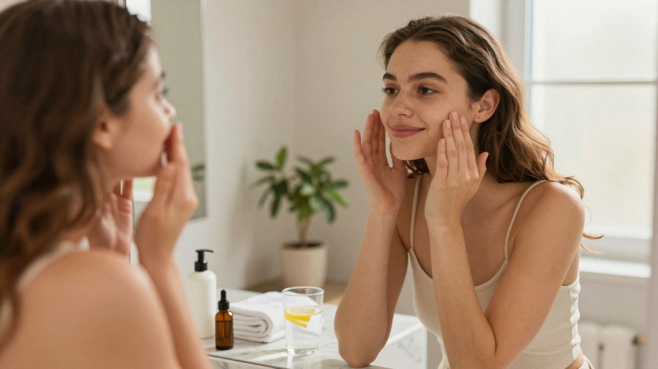 Mulher a aplicar creme no rosto, em frente ao espelho numa casa de banho iluminada.
