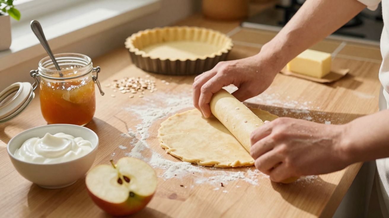 Mãos a enrolar massa de tarte numa cozinha com maçã cortada, geleia, creme e tabuleiro ao fundo.