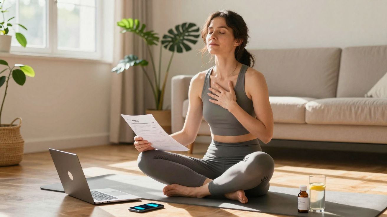 Mulher sentada em yoga com olhos fechados, lendo papel, num tapete, com laptop, telemóvel e medicamentos à frente.