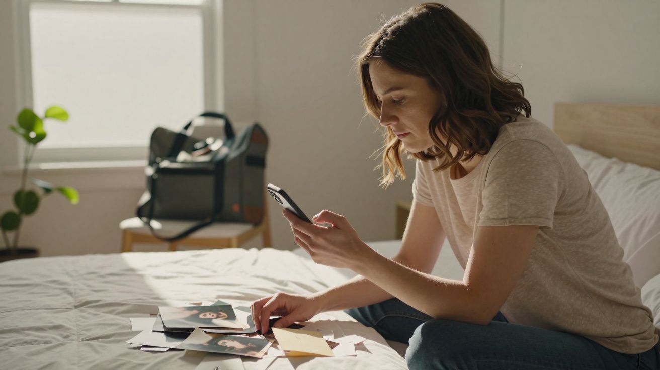 Mulher sentada na cama a olhar para fotografias enquanto segura um telemóvel numa mão.