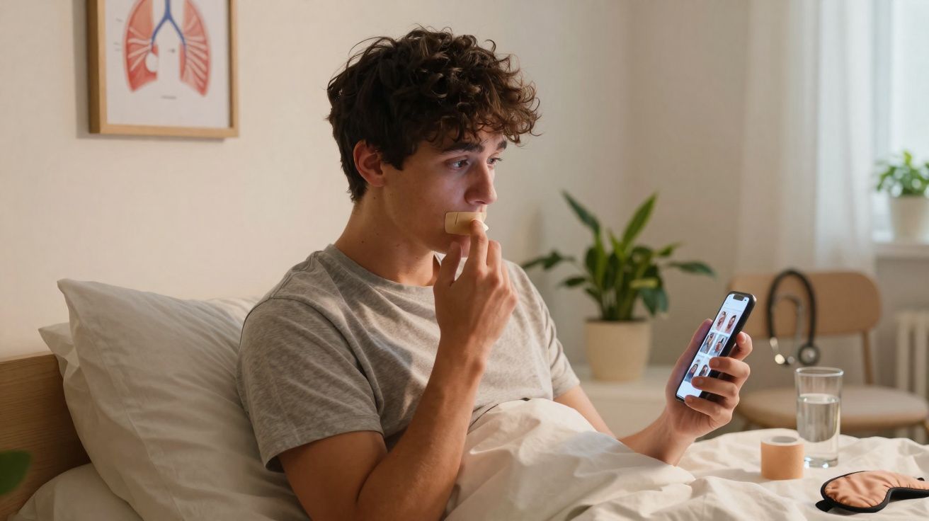 Homem sentado na cama a colocar penso rápido nos lábios enquanto olha para o telemóvel numa divisão iluminada.