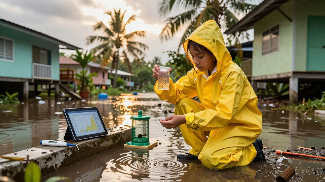 Criança com fato amarelo recolhe água durante inundação para estudo científico junto a tablet e instrumentos.