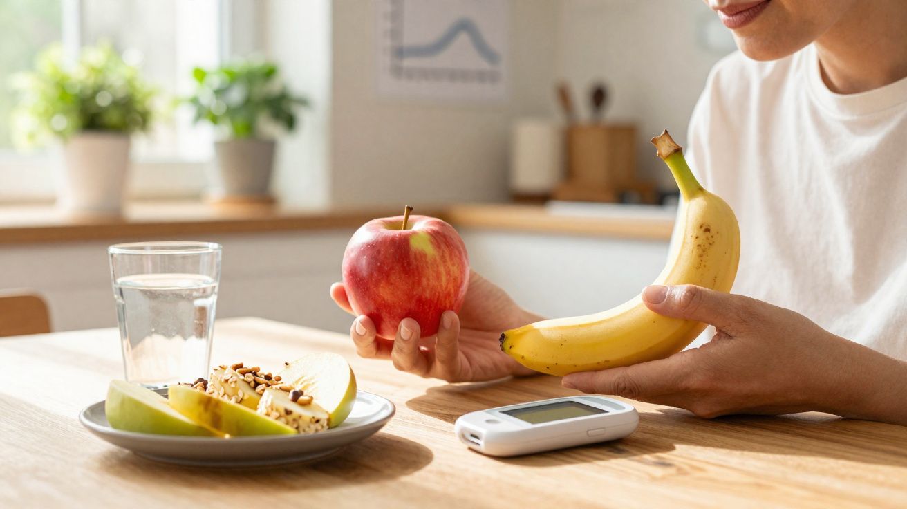 Pessoa a segurar uma maçã e uma banana à mesa com prato de frutas, vidro de água e monitor de glicose.