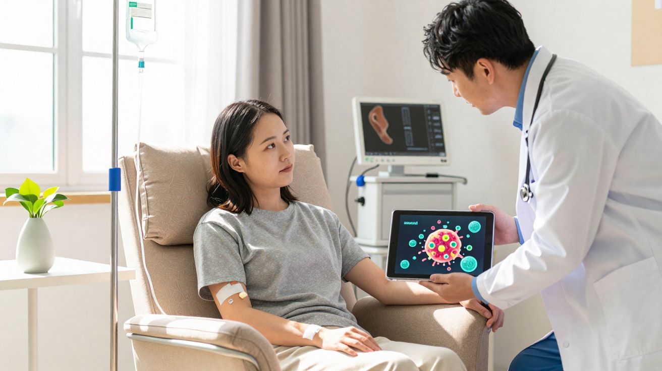 Paciente sentada numa cadeira de hospital recebe explicações de médico sobre vírus através de tablet digital.