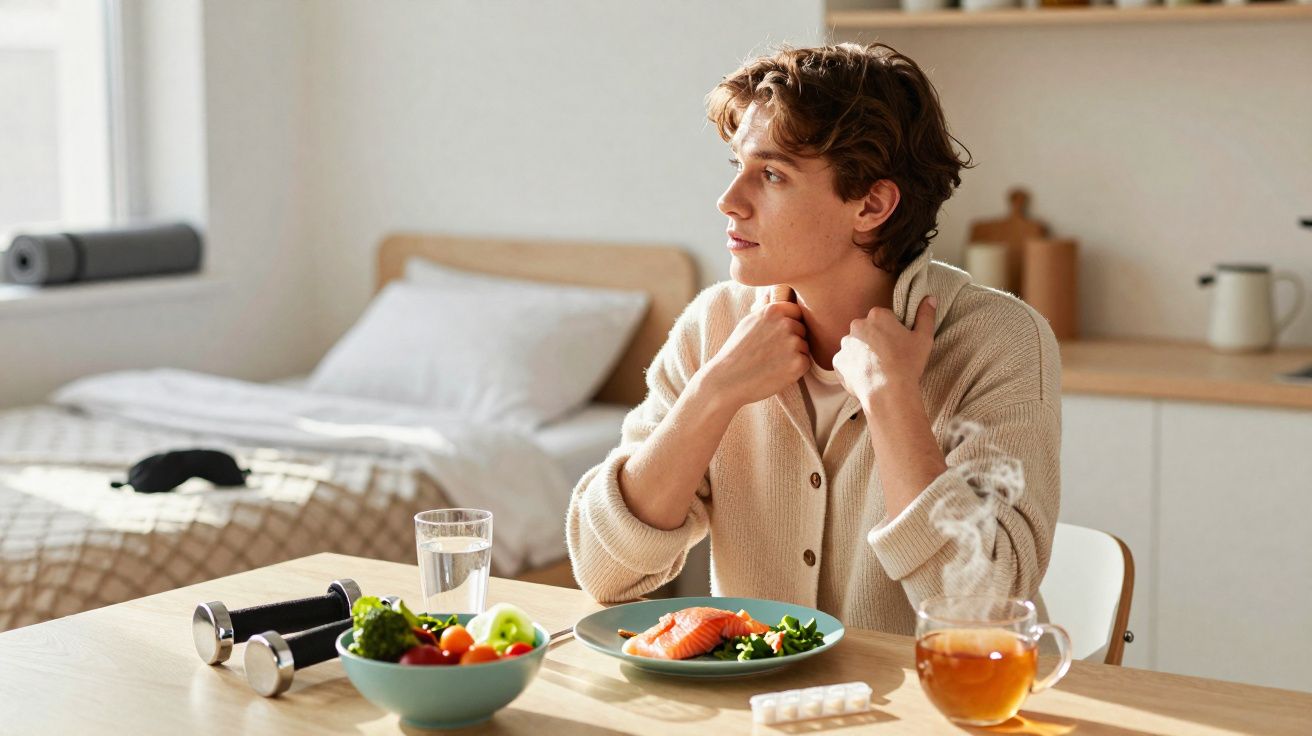 Pessoa jovem sentada à mesa com refeição saudável, chá e halteres, num ambiente doméstico iluminado.