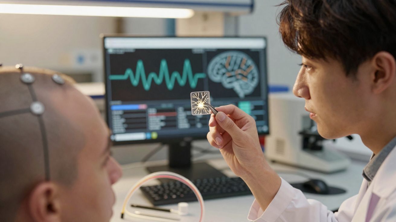 Cientista mostra chip neural a paciente em laboratório com monitor de atividade cerebral ao fundo.