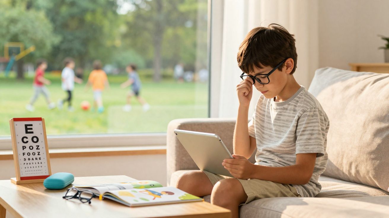 Criança com óculos a usar tablet num sofá, com tabela de visão e crianças a jogar no jardim ao fundo.