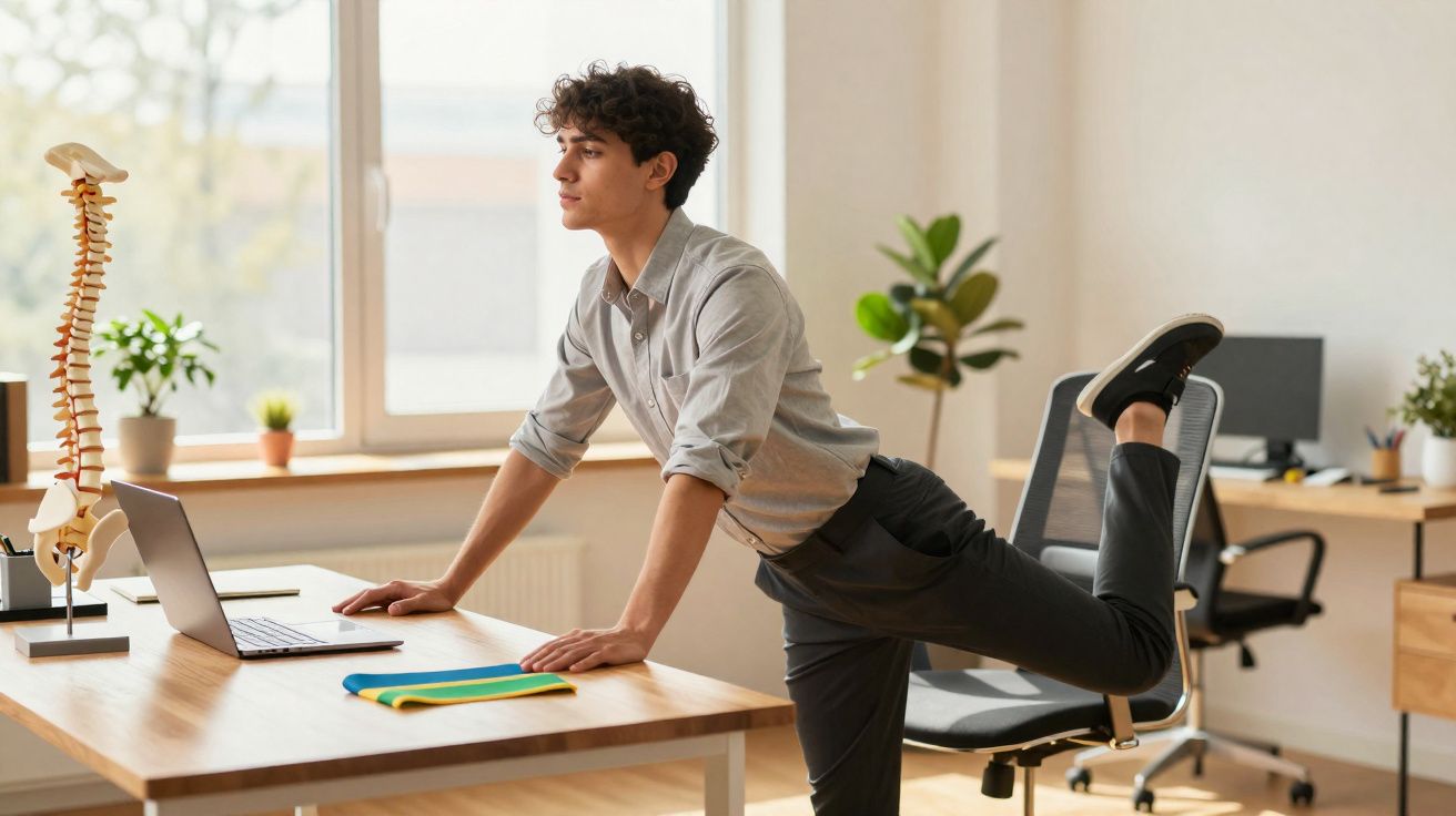 Homem jovem faz exercício de alongamento na cadeira do escritório enquanto trabalha no computador portátil.
