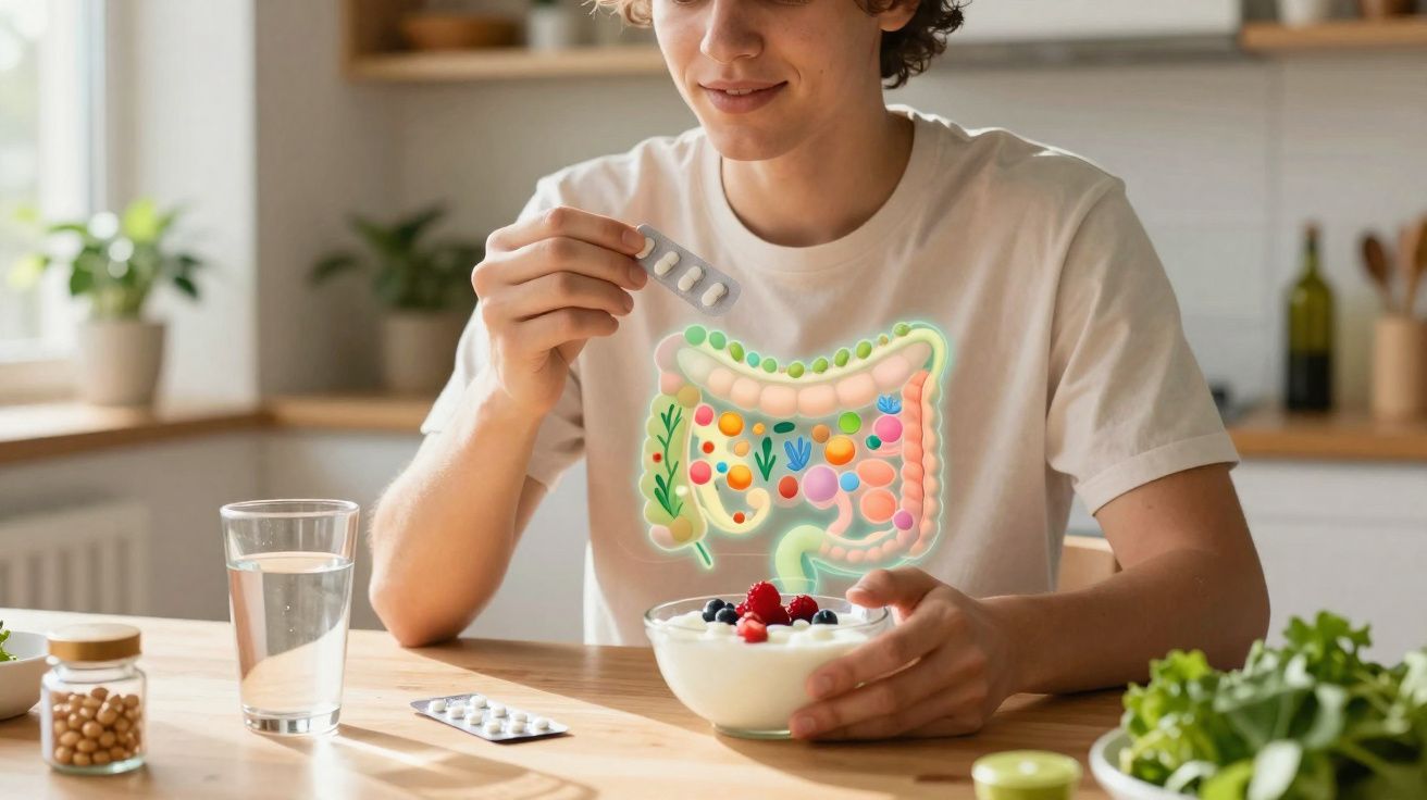 Pessoa sorridente a tomar probióticos com iogurte e ilustração digital do intestino em destaque.