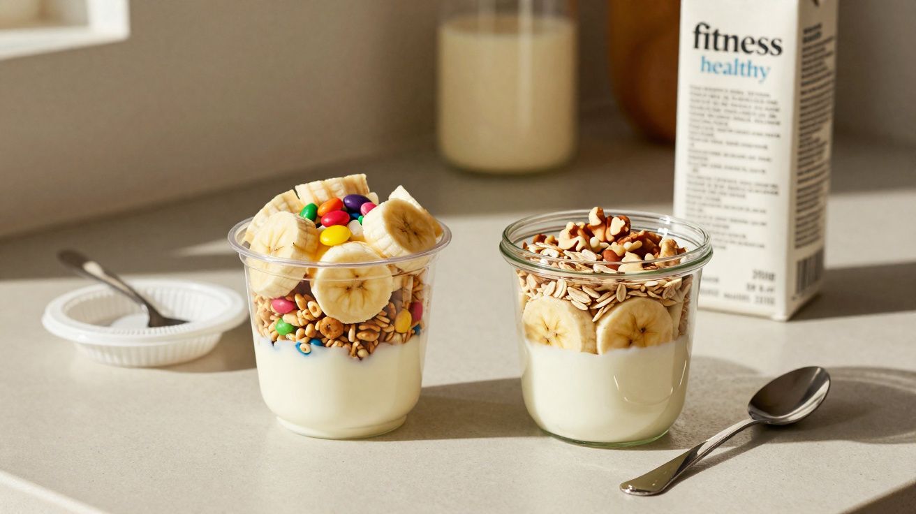 Dois copos com iogurte, granola, rodelas de banana e doces coloridos numa superfície clara com colher e pacote ao fundo.