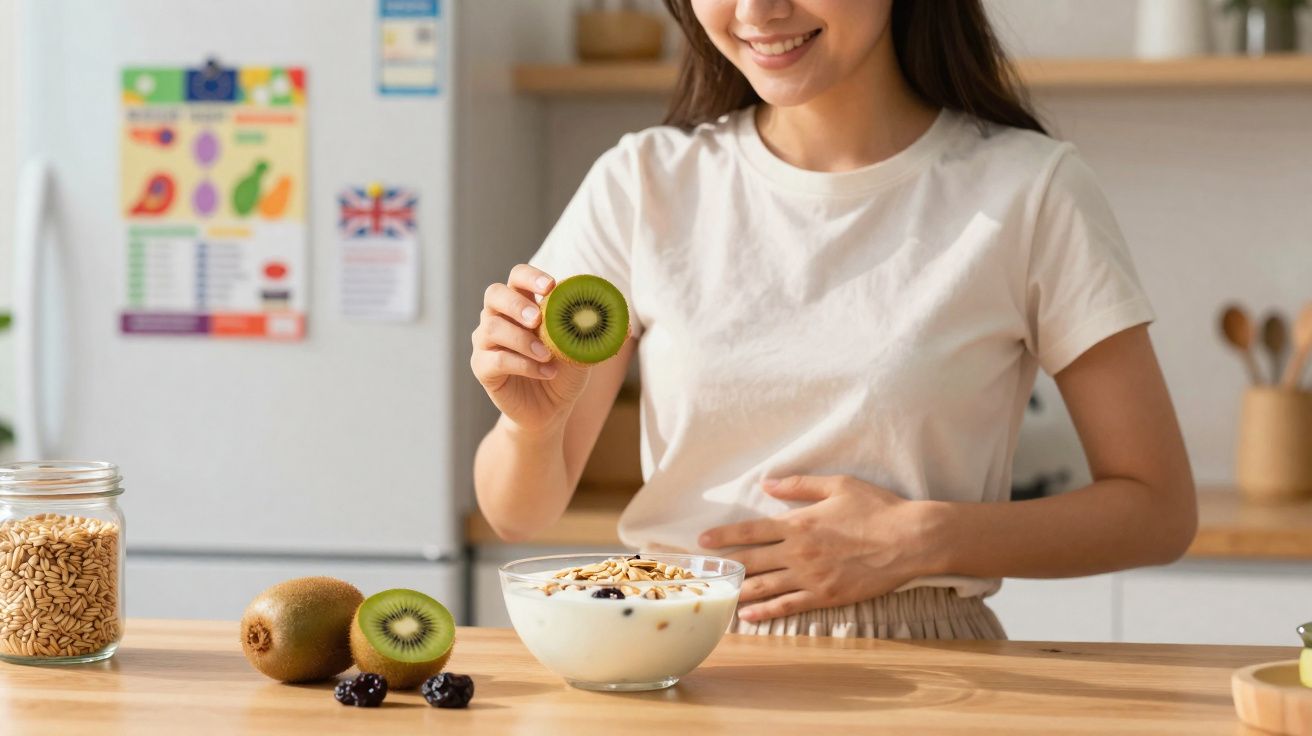 Mulher a segurar meia fruta kiwi acima de taça com iogurte, cereais e frutos secos numa cozinha.