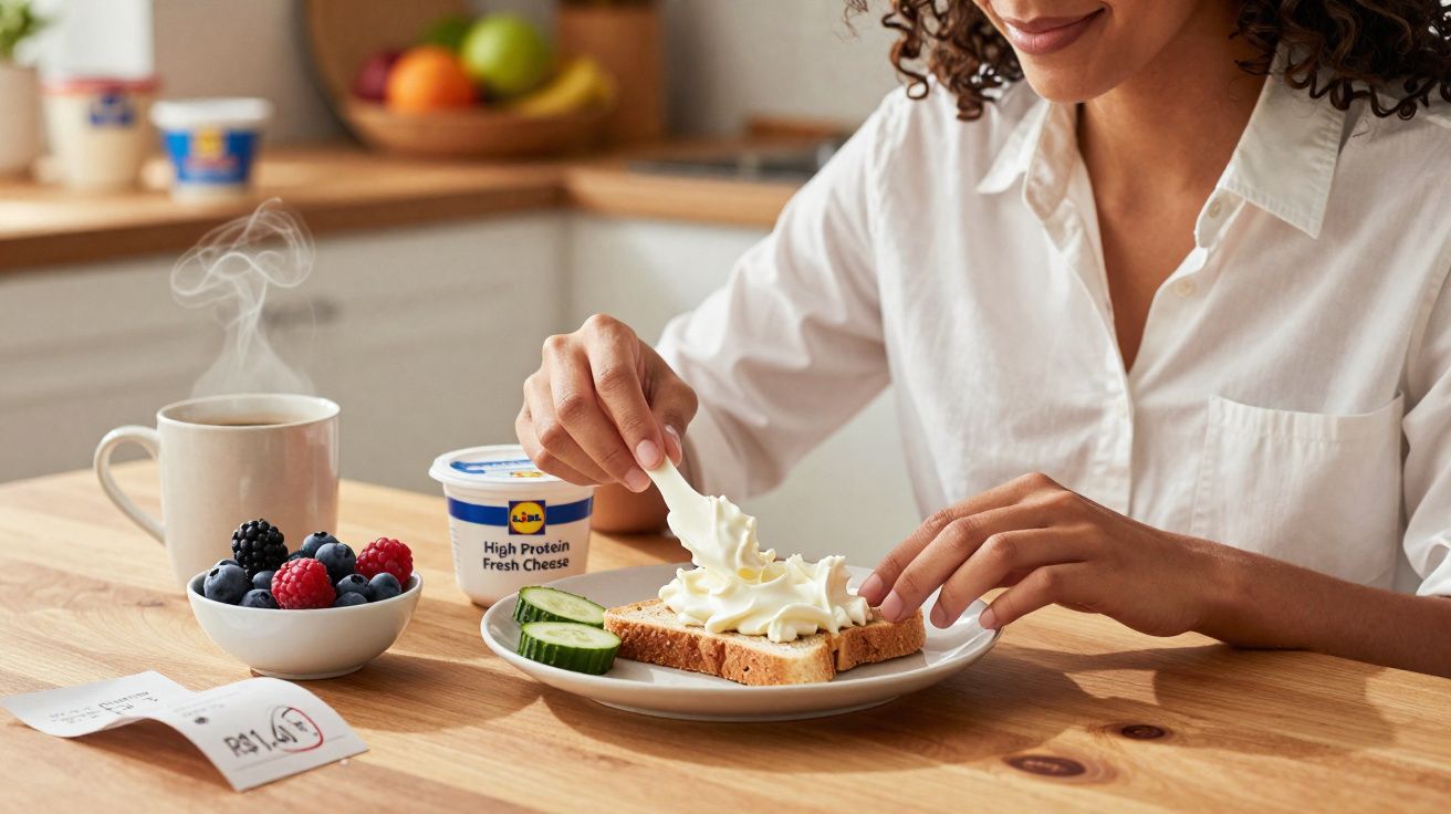 Pessoa a passar queijo fresco proteico num pão com fatias de pepino ao lado, juntamente com chá e frutos vermelhos.