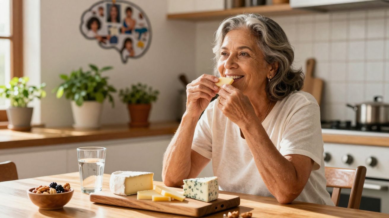 Mulher sénior a sorrir enquanto come queijo, sentada à mesa numa cozinha luminosa e acolhedora.