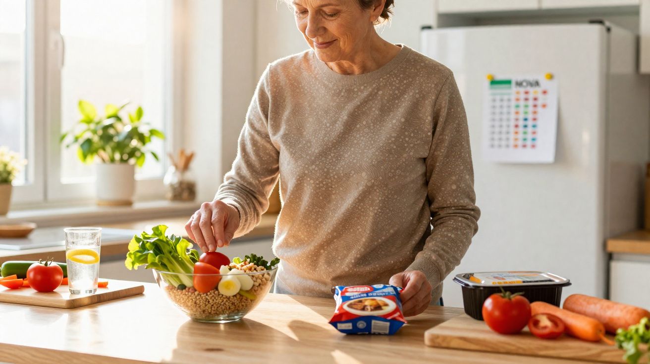 Mulher a preparar salada com tomate, ovo, grão-de-bico e legumes numa cozinha iluminada.
