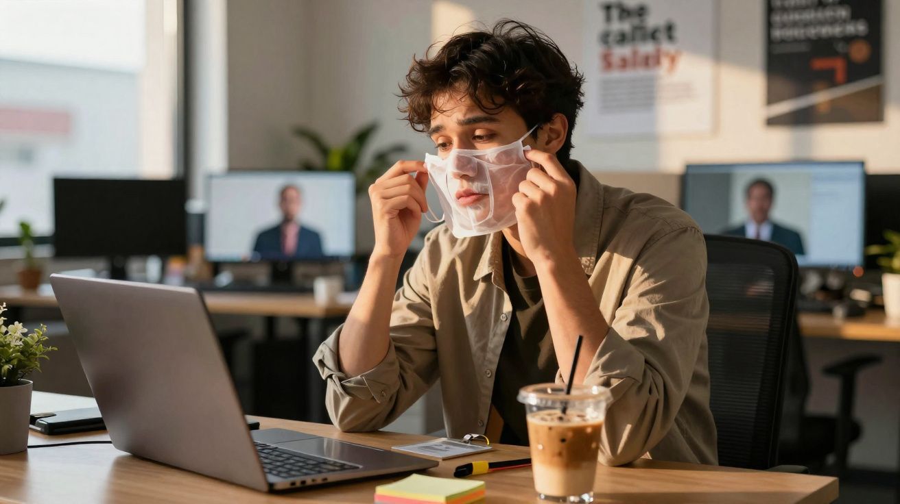 Homem jovem a colocar máscara transparente no escritório enquanto trabalha no computador portátil.