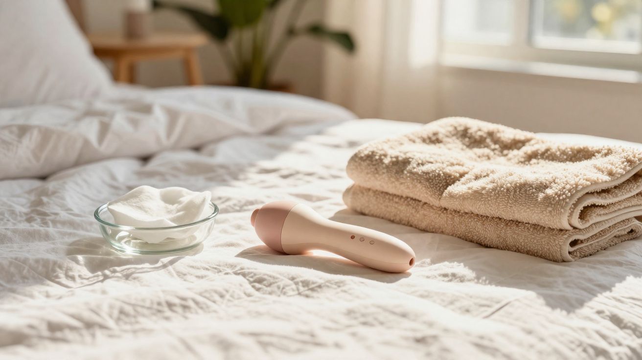 Lenços, massageador facial e toalhas dobradas sobre cama branca iluminada pelo sol.