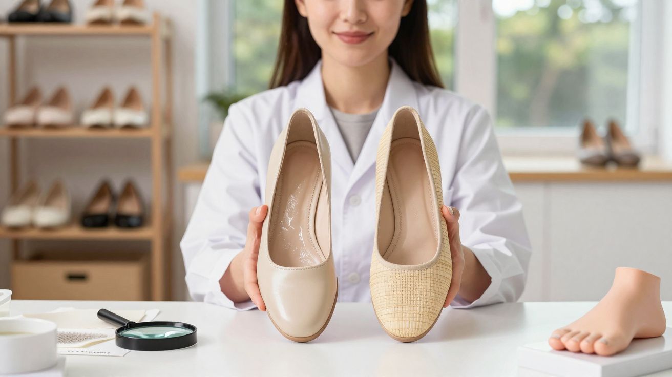 Mulher a segurar dois sapatos diferentes para comparação, num ambiente de oficina ou laboratório.