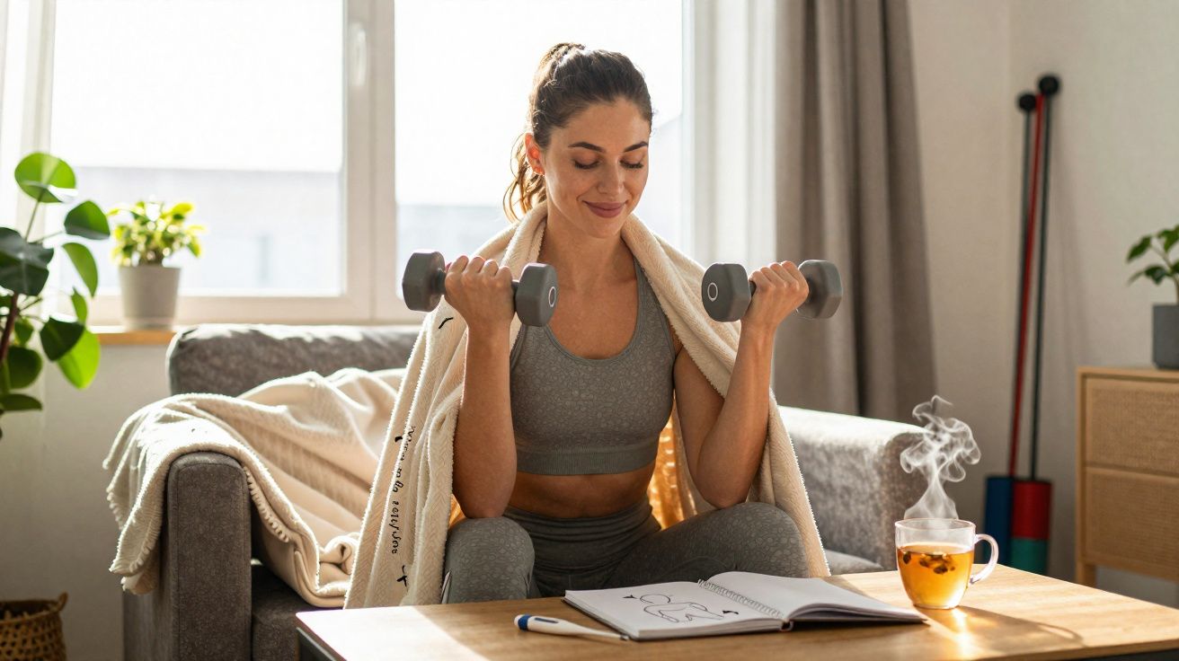 Mulher sorridente a fazer exercícios com halteres sentada no sofá, ao lado de chá e diário aberto.