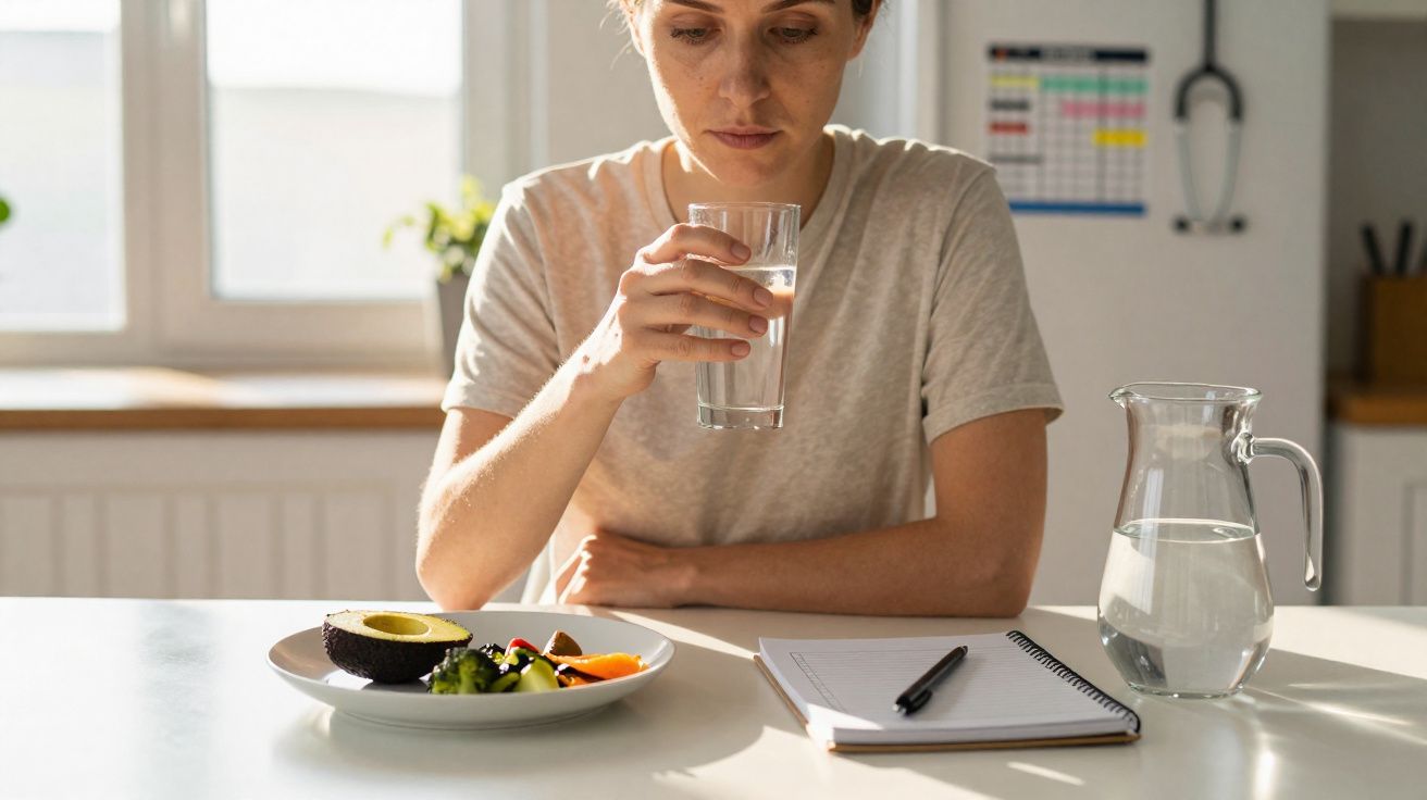 Pessoa a segurar um copo de água, com prato de legumes e abacate à sua frente e bloco de notas na mesa.