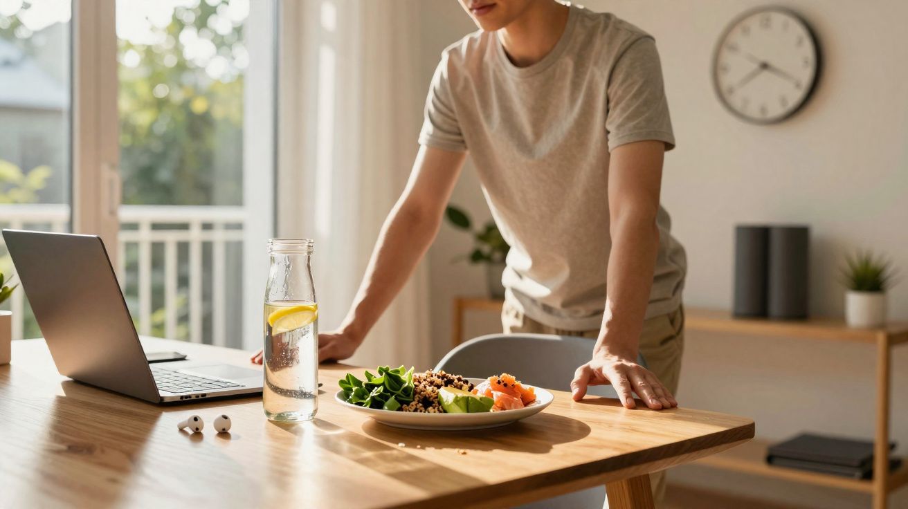 Pessoa com roupas casuais junto a uma mesa com prato de comida saudável, garrafa de água e computador portátil.