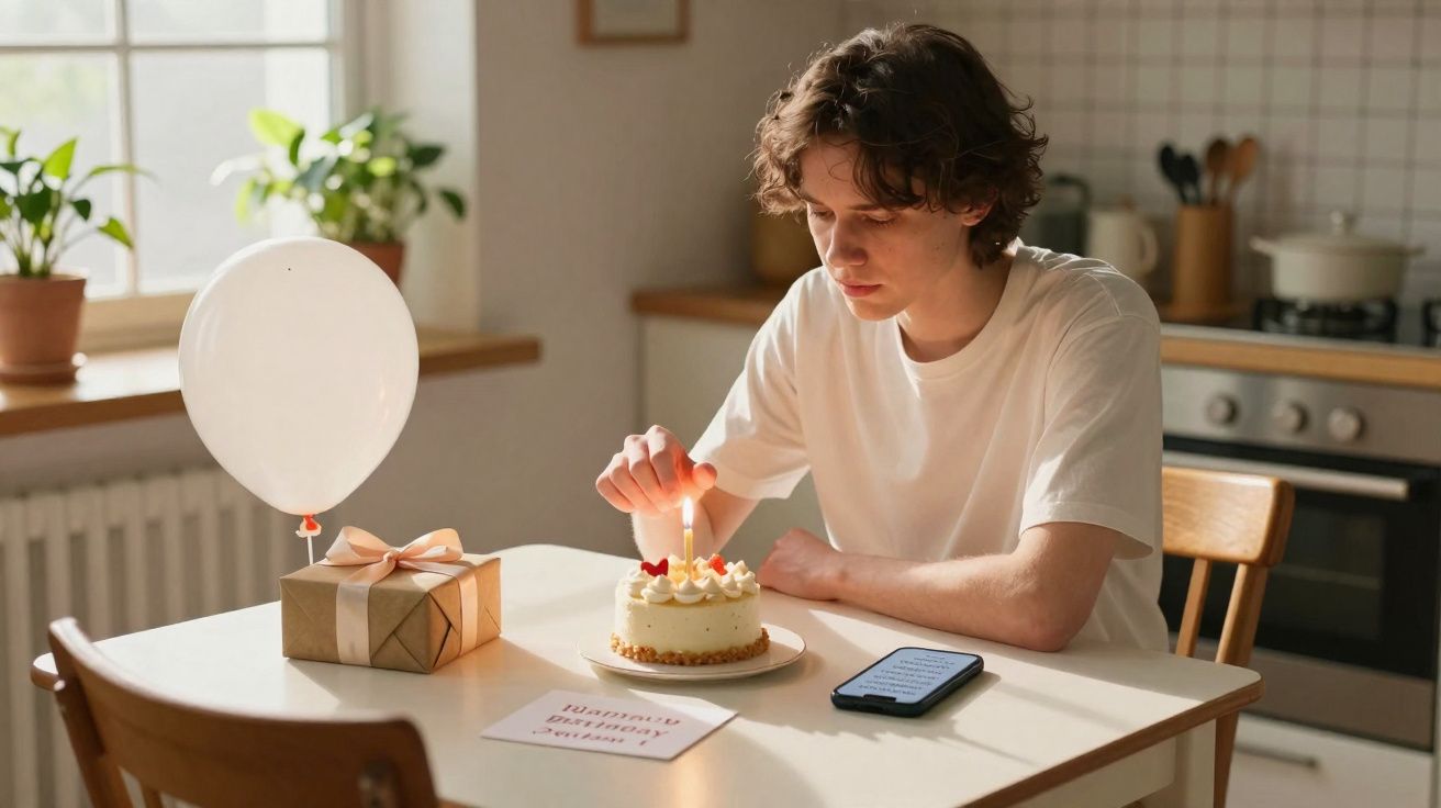 Jovem a acender vela num bolo de aniversário numa cozinha com presente e balão na mesa.