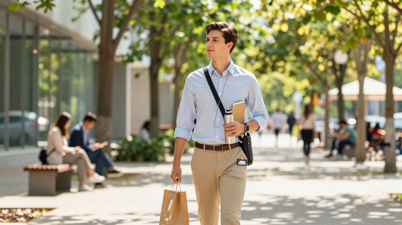 Jovem de camisa azul caminha numa avenida urbana com árvores, carregando saco de papel e prancha na mão.
