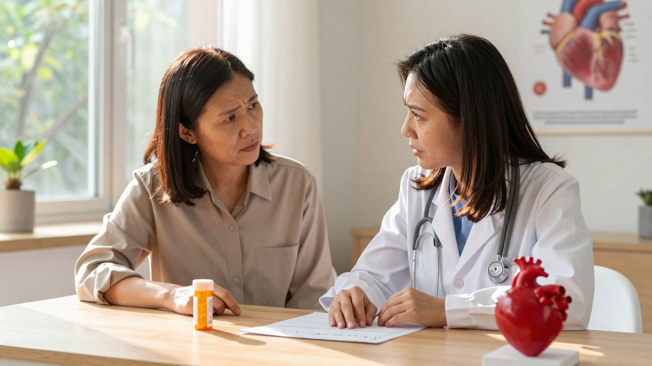 Mulher médica a explicar prescrição a paciente numa consulta num consultório luminoso.