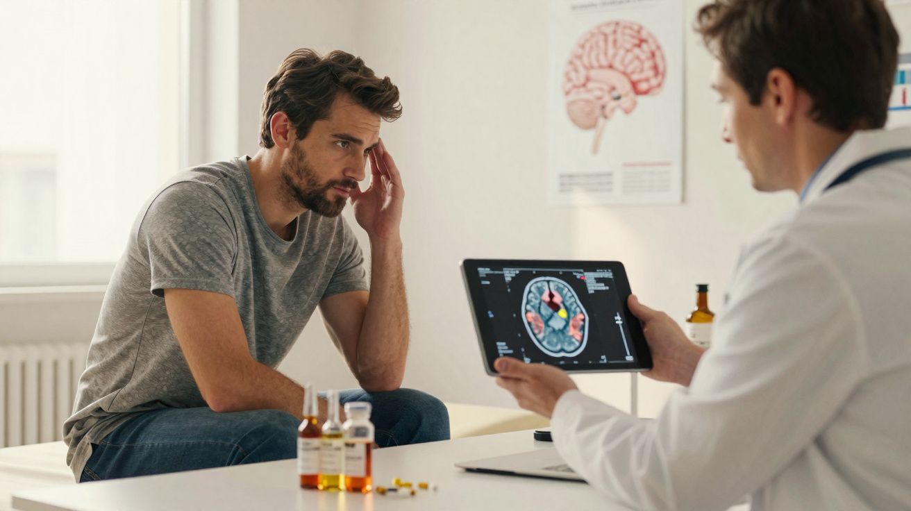 Paciente preocupado consulta médico que mostra imagem de ressonância magnética cerebral num tablet.