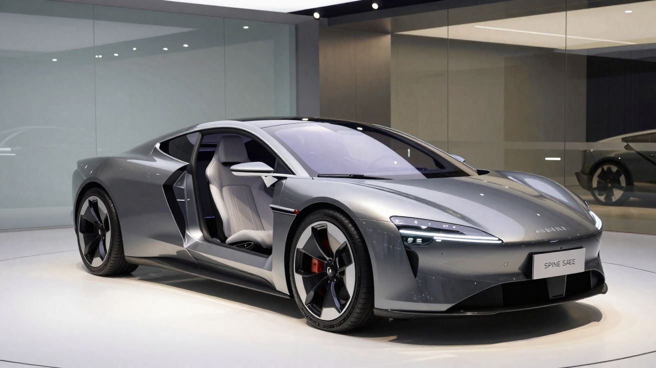 Carro desportivo elétrico cinza com porta aberta numa exposição moderna e iluminada.