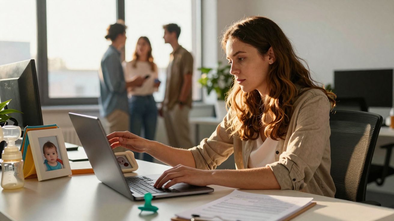 Mulher a trabalhar concentrada num portátil num escritório com três colegas em fundo desfocado.