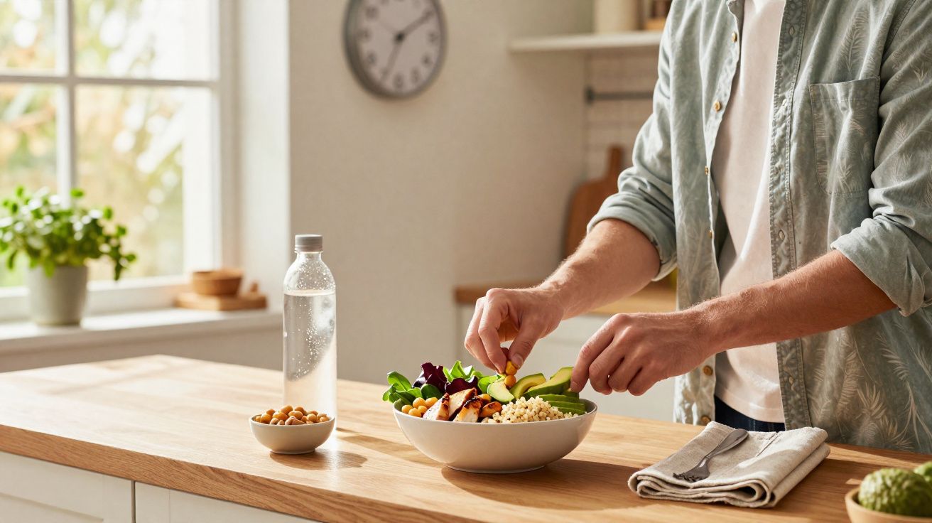 Pessoa a preparar salada saudável com legumes, grão e frango numa cozinha luminosa.