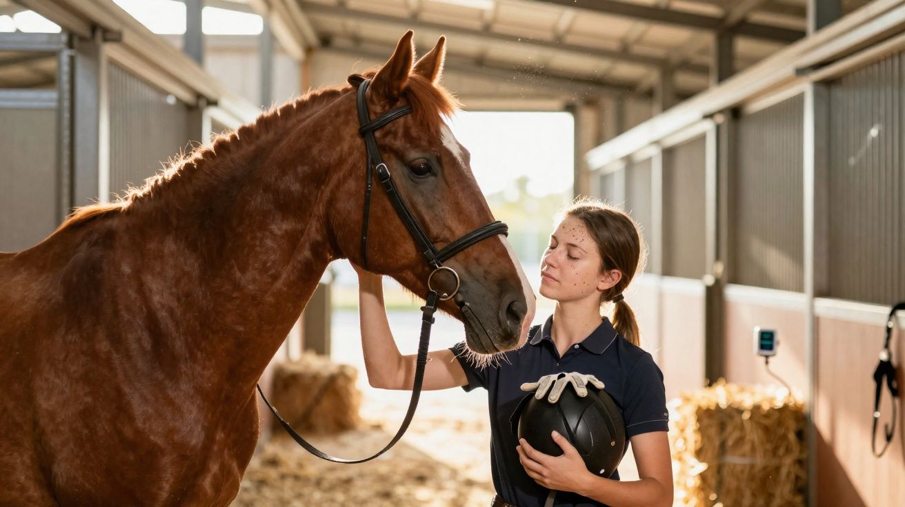 Rapaz segura capacete e acaricia cavalo castanho numa equestre iluminada por luz natural.