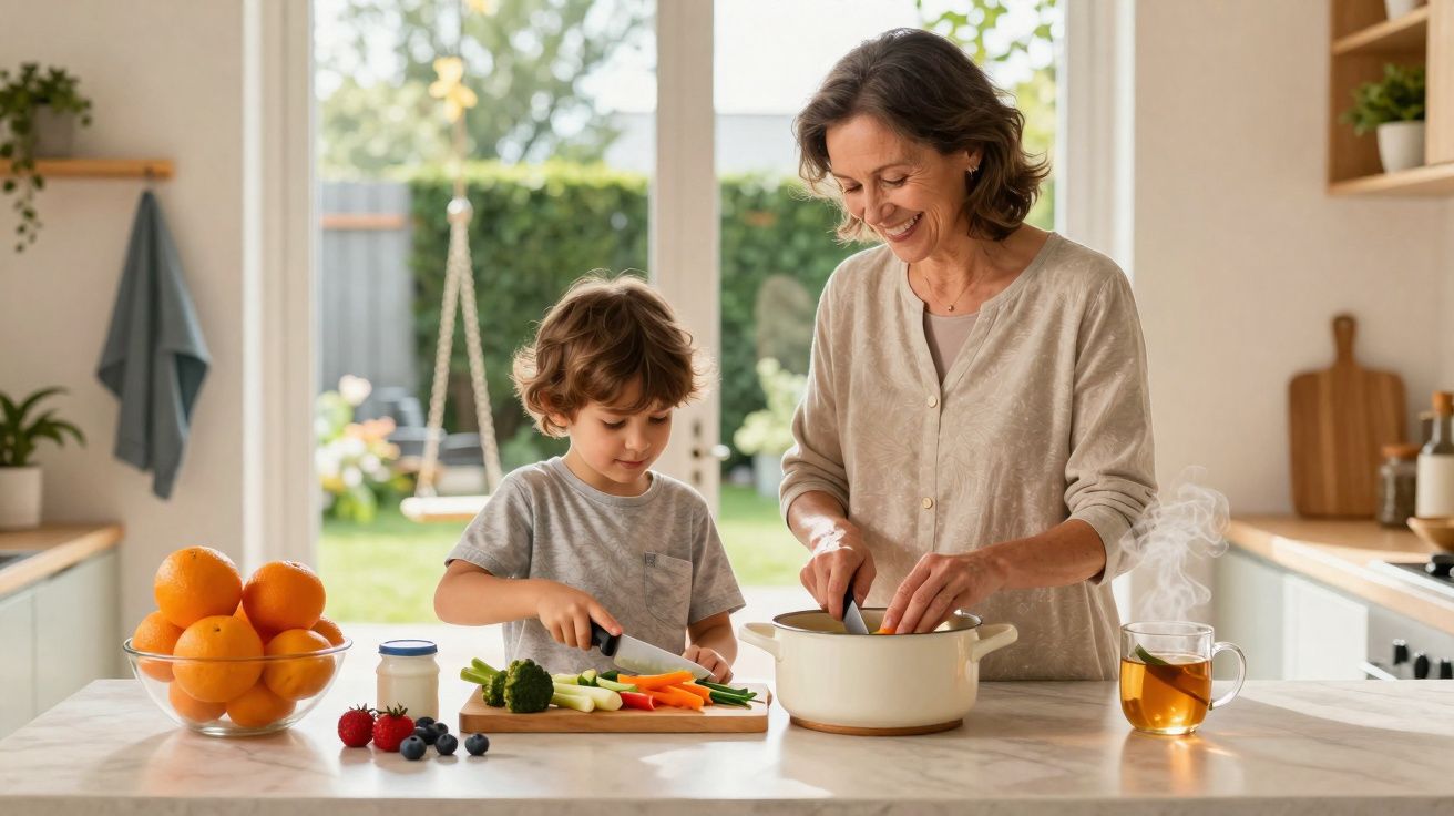 Mulher e menino a cozinhar juntos numa cozinha luminosa com legumes e chá na bancada.