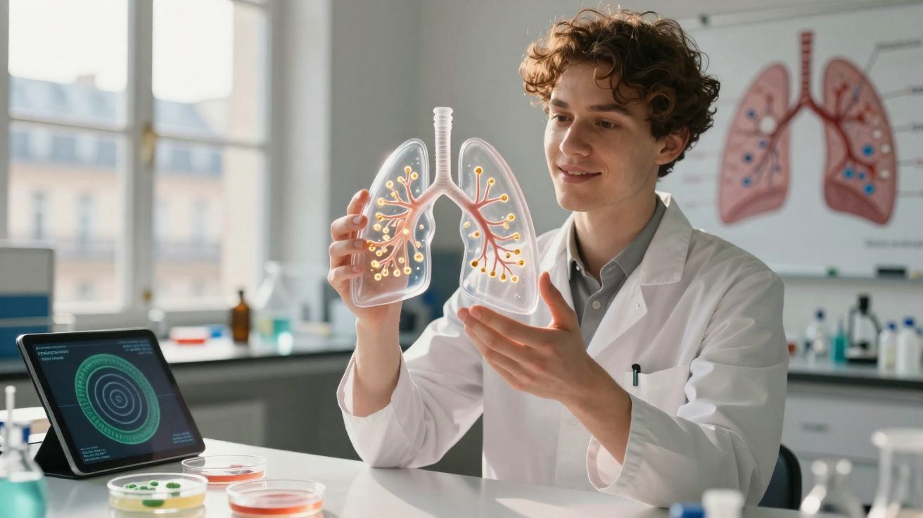 Investigador em laboratório segurando modelo transparente dos pulmões com infografia das vias respiratórias.
