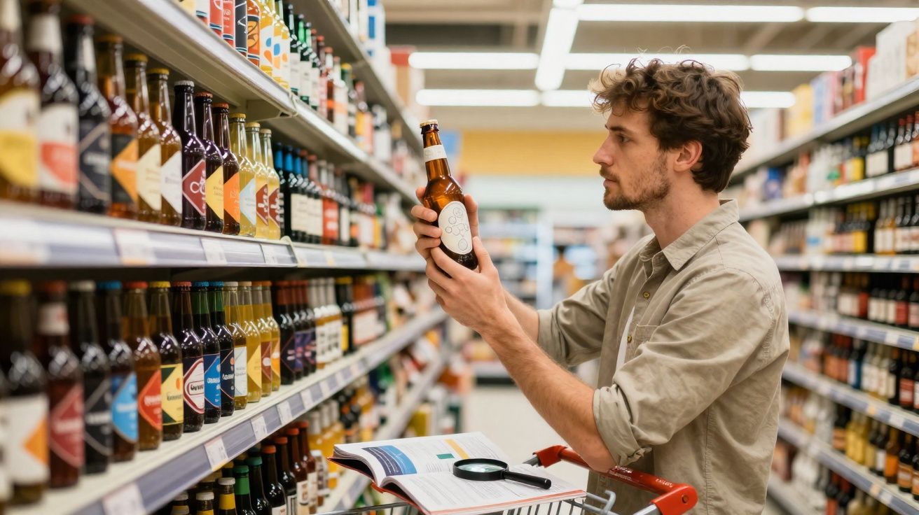 Homem com camisa bege a examinar garrafa de bebida numa prateleira de supermercado.