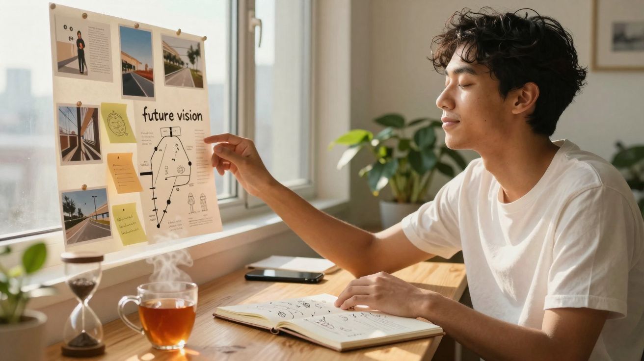 Jovem sentado numa secretária junto a uma janela, a planear num quadro com a legenda "future vision".